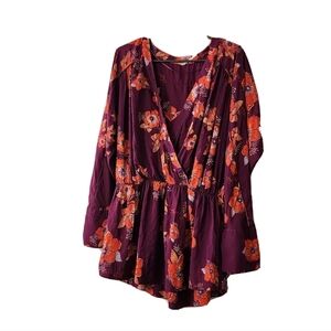 Free People Tuscan Dreams Tunic Plum Floral Mini Dress Surplice Top Size Medium